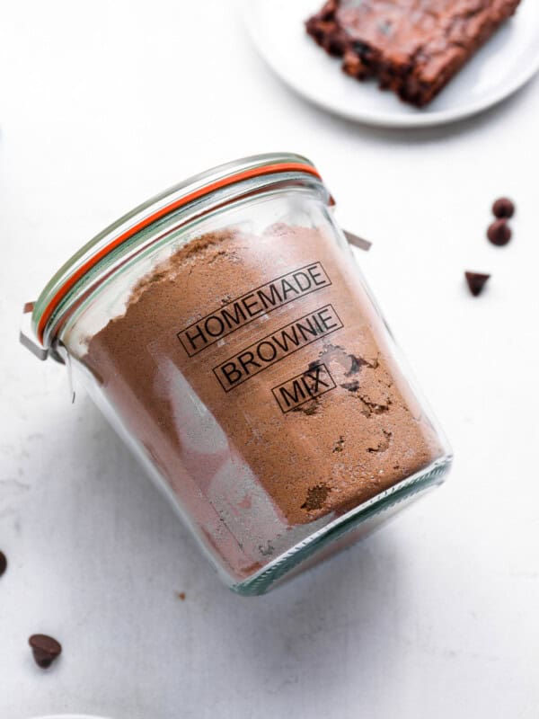 homemade brownie mix in a sealed jar with a label that reads homemade brownie mix.