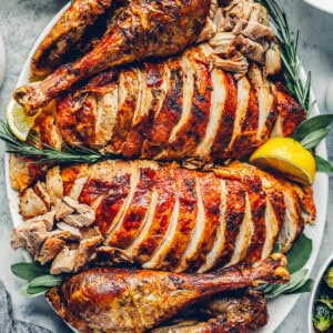 roast thanksgiving turkey, carved and sliced on a serving platter