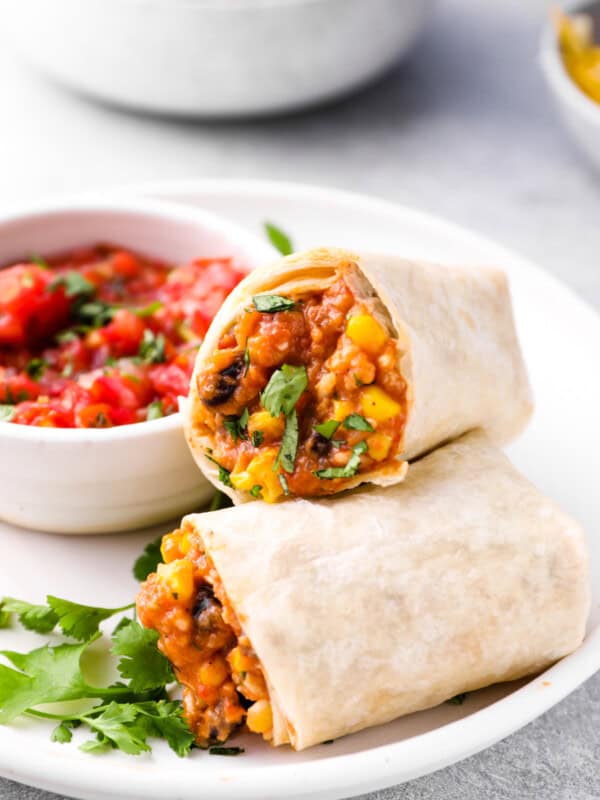 crockpot chicken burrito halves leaning against each other on a white plate with a bowl of salsa.