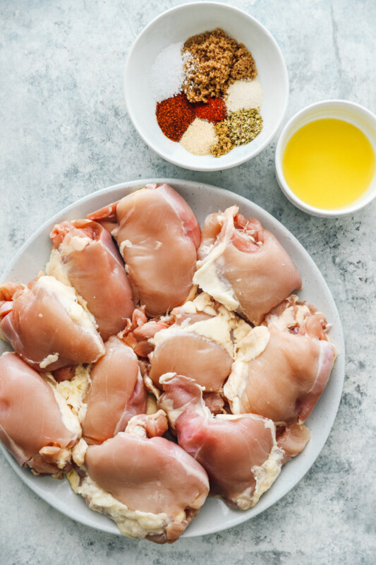 overhead view of ingredients for grilled chicken thighs.