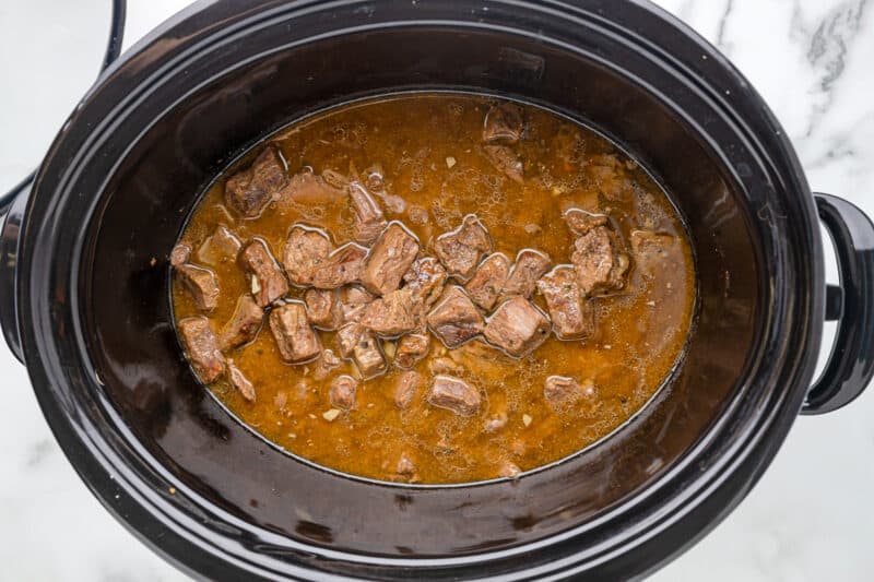 crockpot steak bites in a crockpot.