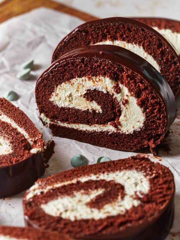 sliced mint chocolate Swiss roll pieces