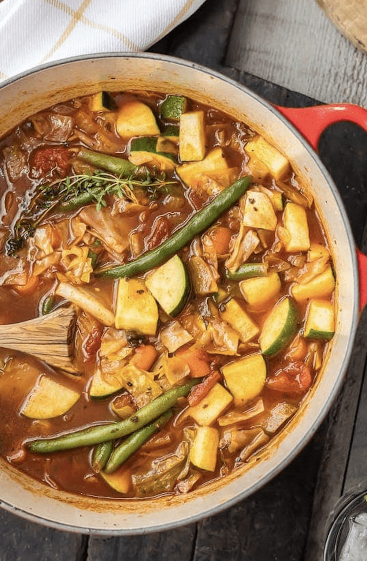 cabbage soup in a red dutch oven