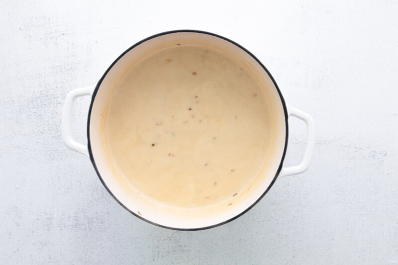 beer cheese soup in a dutch oven.