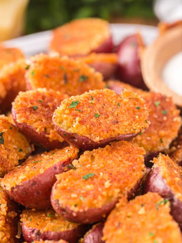 close up view of parmesan roasted potatoes.