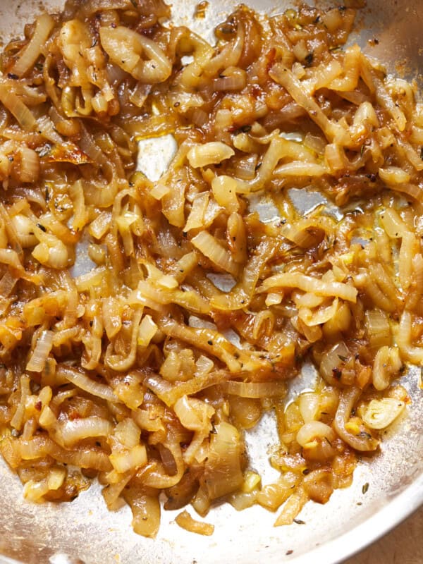 overhead view of caramelized onions in a pan.