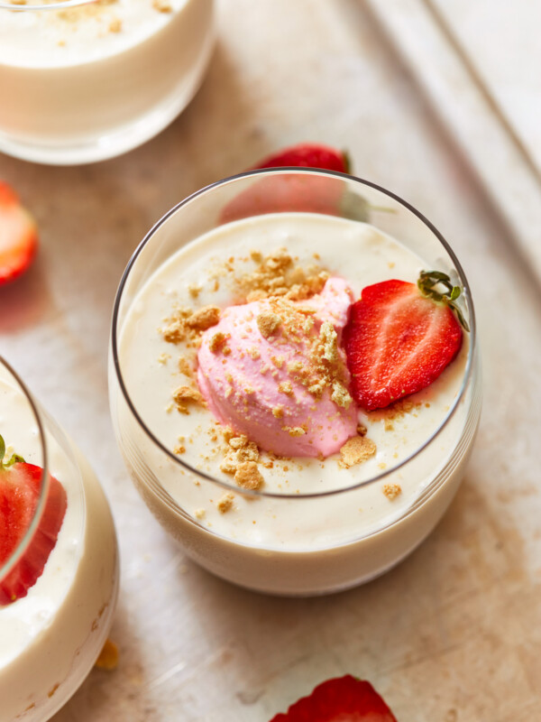 three-quarters view of no bake cheesecake cups.