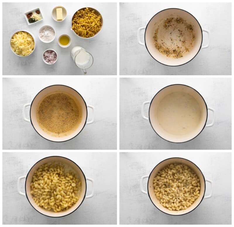 step by step photos for how to make white cheddar mac and cheese.