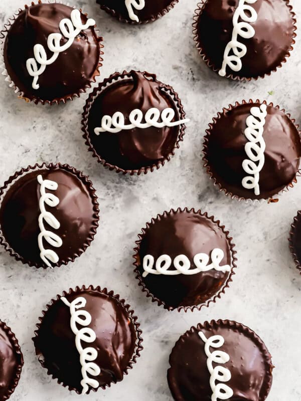 overhead view of hostess cupcakes on a marble counter.