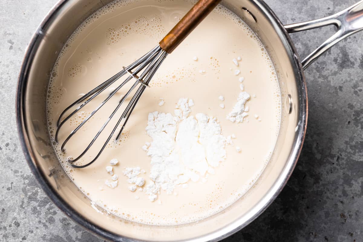 evaporated milk and cornstarch in a saucepan with a whisk.