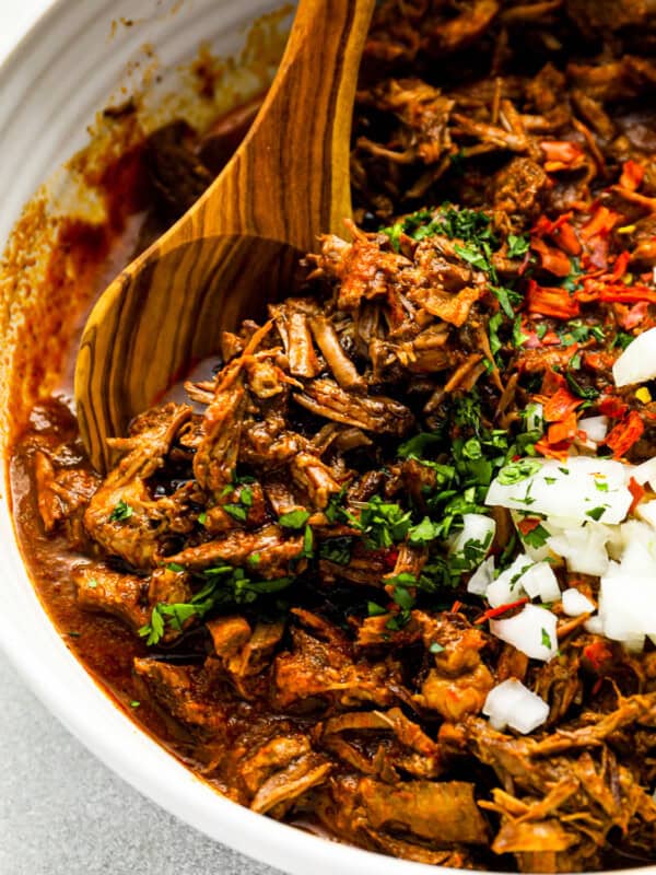 mexican pulled pork in a white bowl with a wooden spoon.