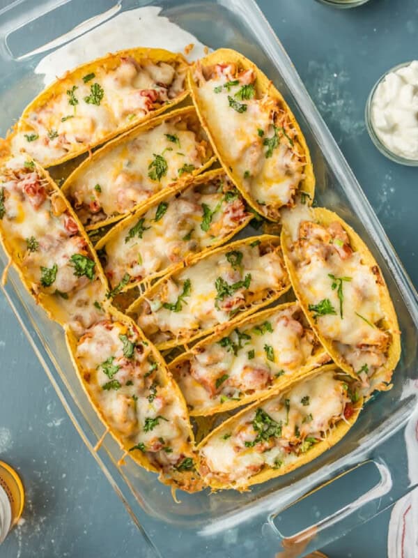 baked chicken tacos in baking dish