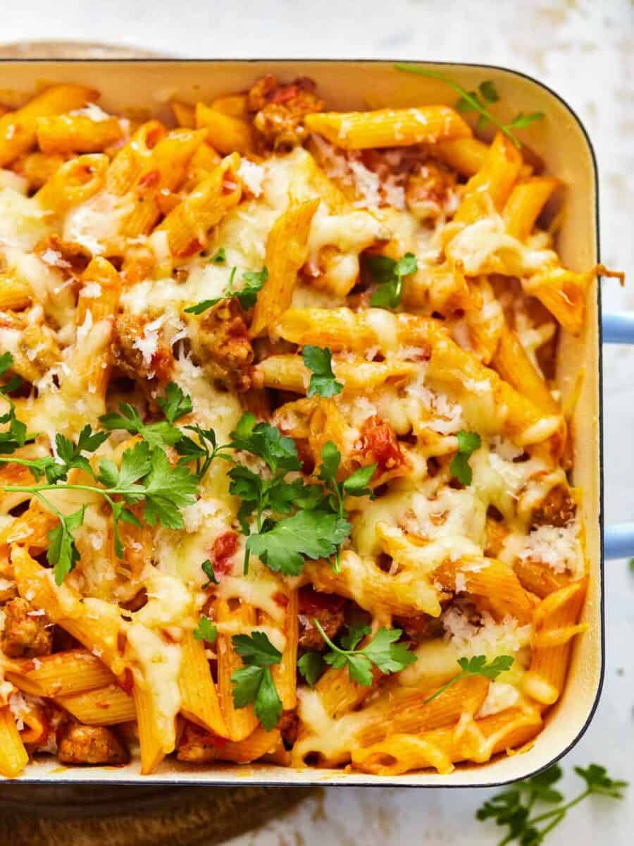 baked mostaccioli in a baking dish.