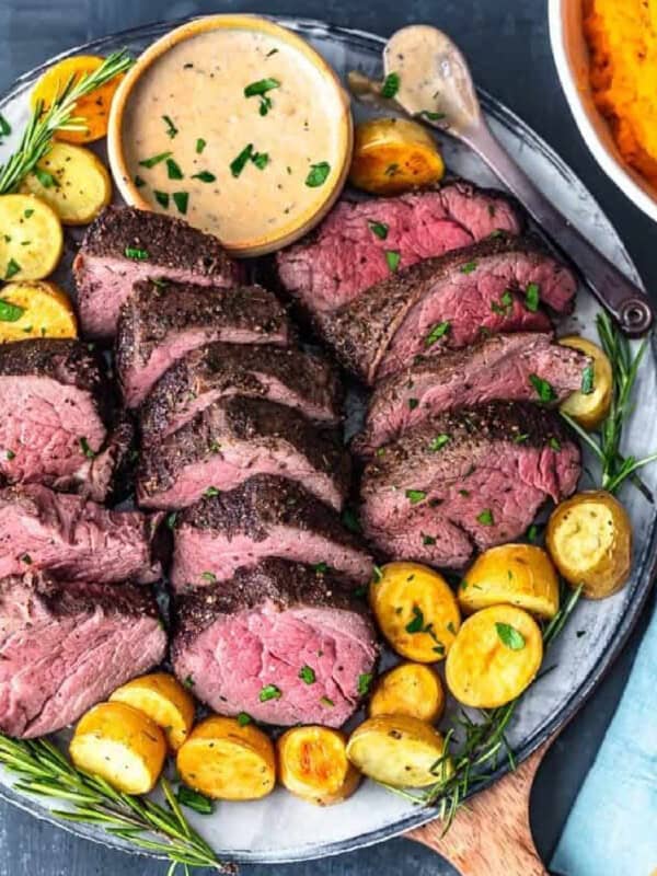 overhead shot of sliced. beef tenderloin