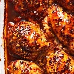 baked honey garlic chicken thighs in casserole dish