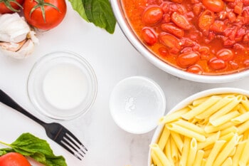 a bowl of pasta, tomatoes and garlic.