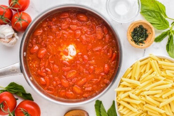 a pot of tomato sauce with pasta and other ingredients.