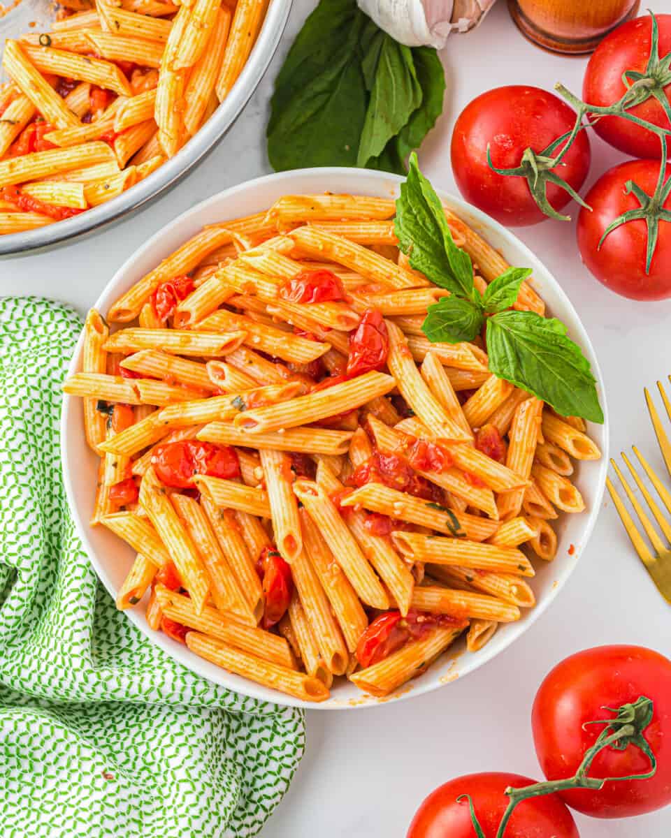 penne with tomatoes and basil in a white bowl.