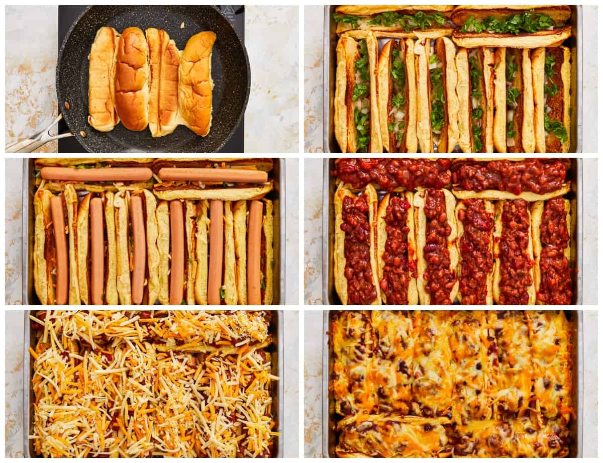 step by step photos for how to make chili dogs.