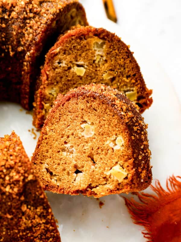 a bundt cake with a slice taken out.