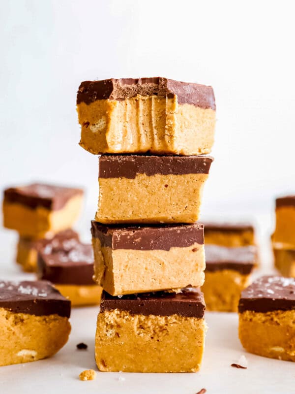 peanut butter fudge stacked on top of each other.