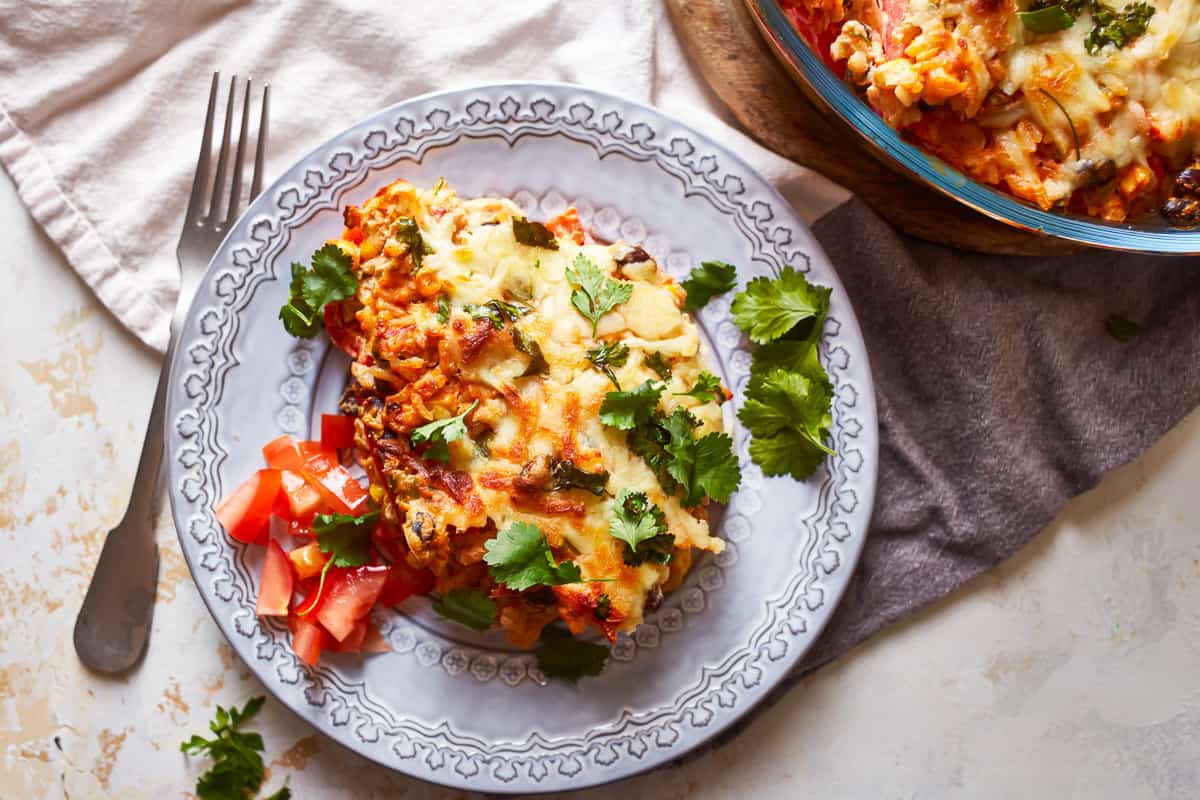 A serving of stuffed pepper casserole on a plate.