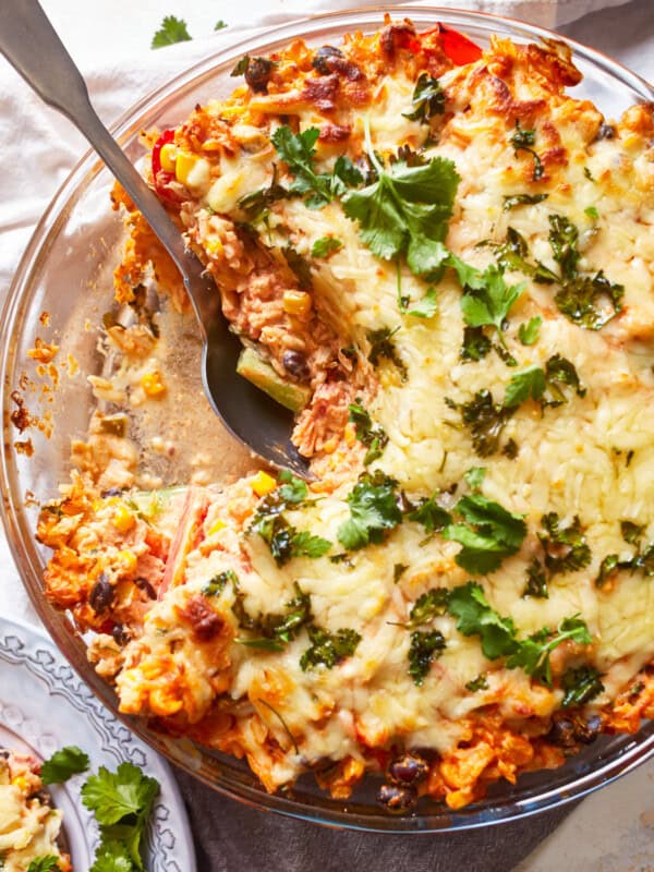 a casserole dish with a slice taken out of it.