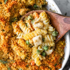 turkey and pasta casserole with a wooden spoon.