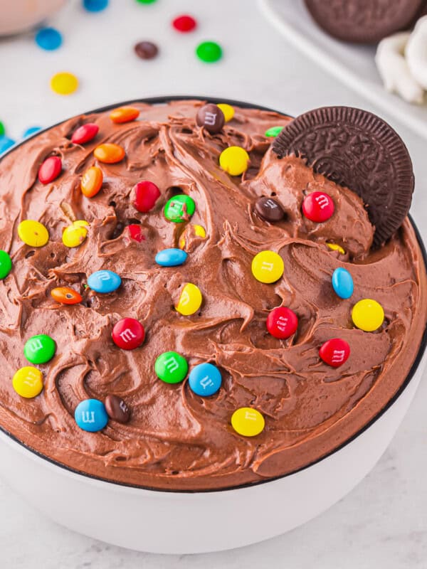 Oreo cookie dough dip in a white bowl.