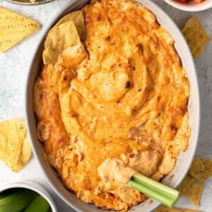 buffalo chicken dip in casserole dish