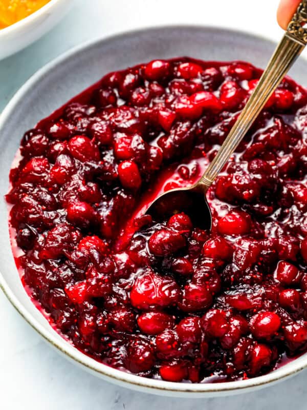 A bowl of cranberry sauce with a spoon.