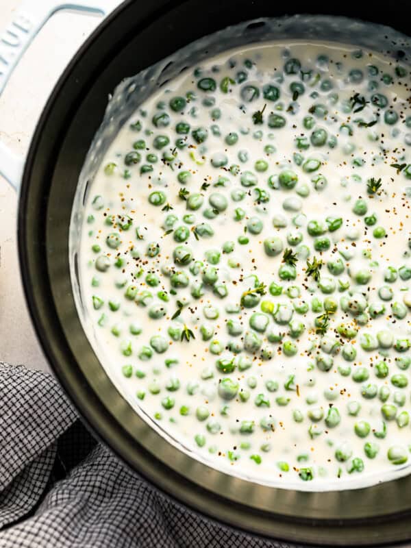 A pot with peas in it.