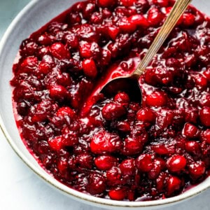 A bowl of cranberry sauce with a spoon.