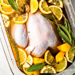 Roasted turkey with lemons and thyme in a glass baking dish.