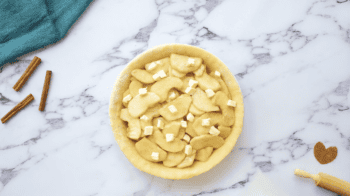 a pie crust filled with sliced apples dotted with cubes of butter.