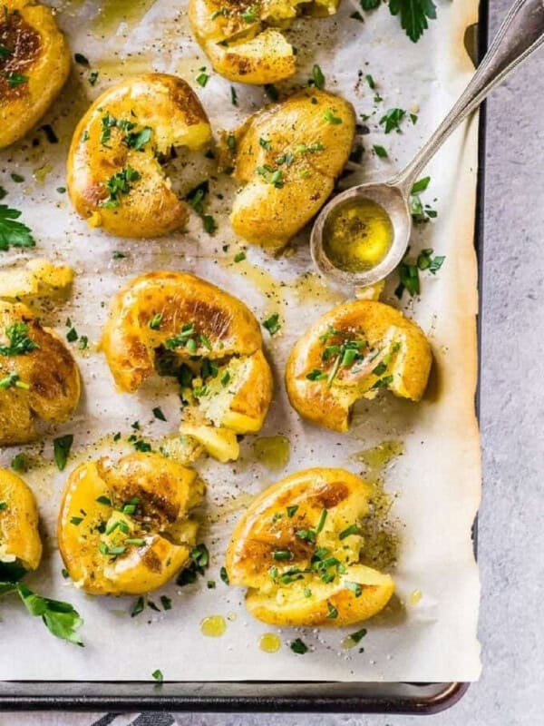 smashed potatoes on sheet pan