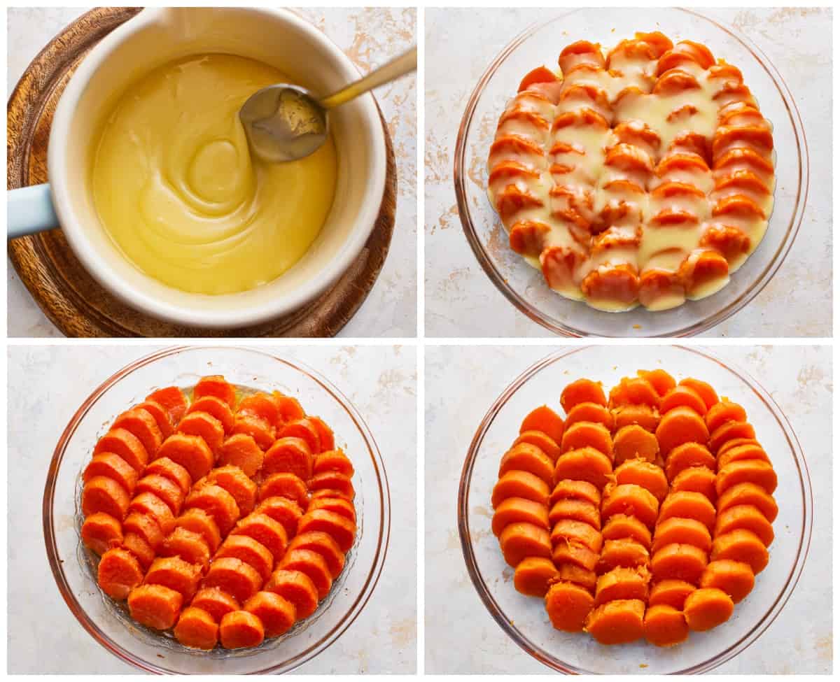 A series of photos showing how to make candied sweet potatoes.