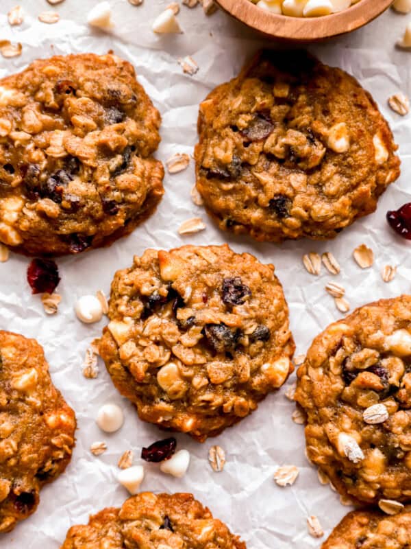 Oatmeal cookies with cranberries and white chocolate chips.