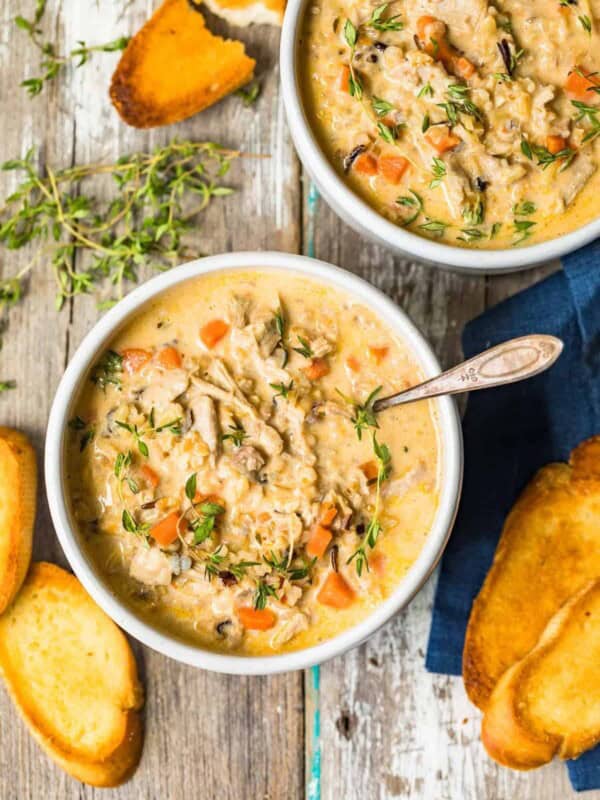 turkey wild rice soup in bowls