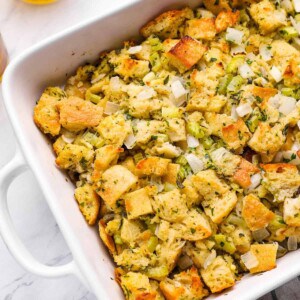 overhead view of vegetarian stuffing in a white baking dish.