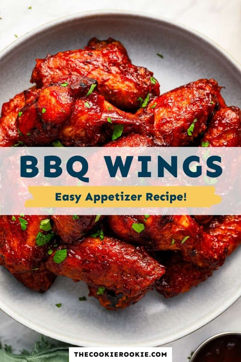 Bbq wings in a bowl with the text bbq wings easy appetizer recipe.