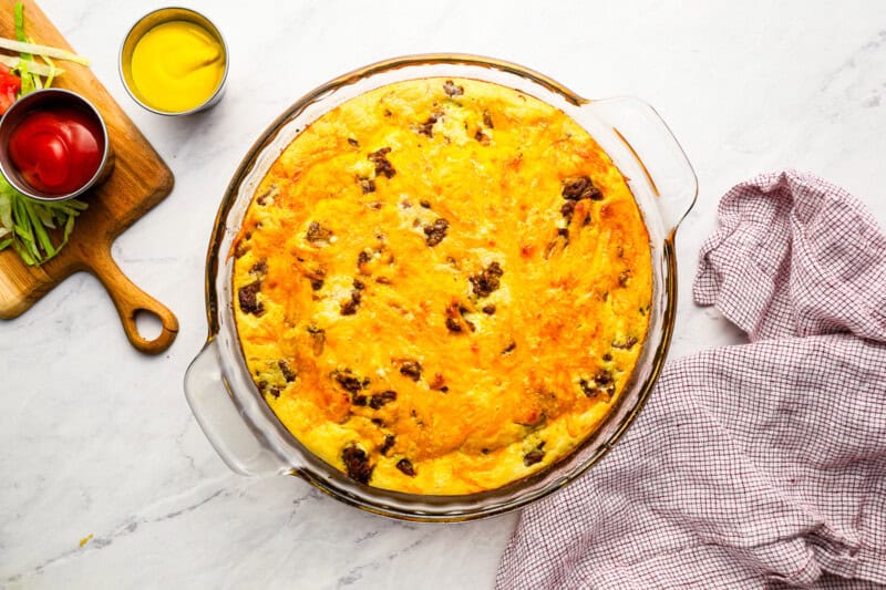 baked cheeseburger pie in a pie pan.