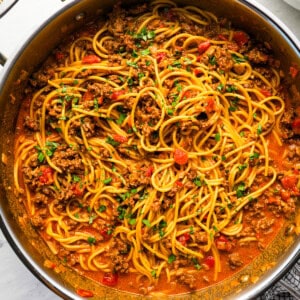 overhead view of taco spaghetti in a stainless pan.