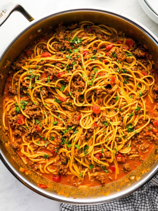 overhead view of taco spaghetti in a stainless pan.