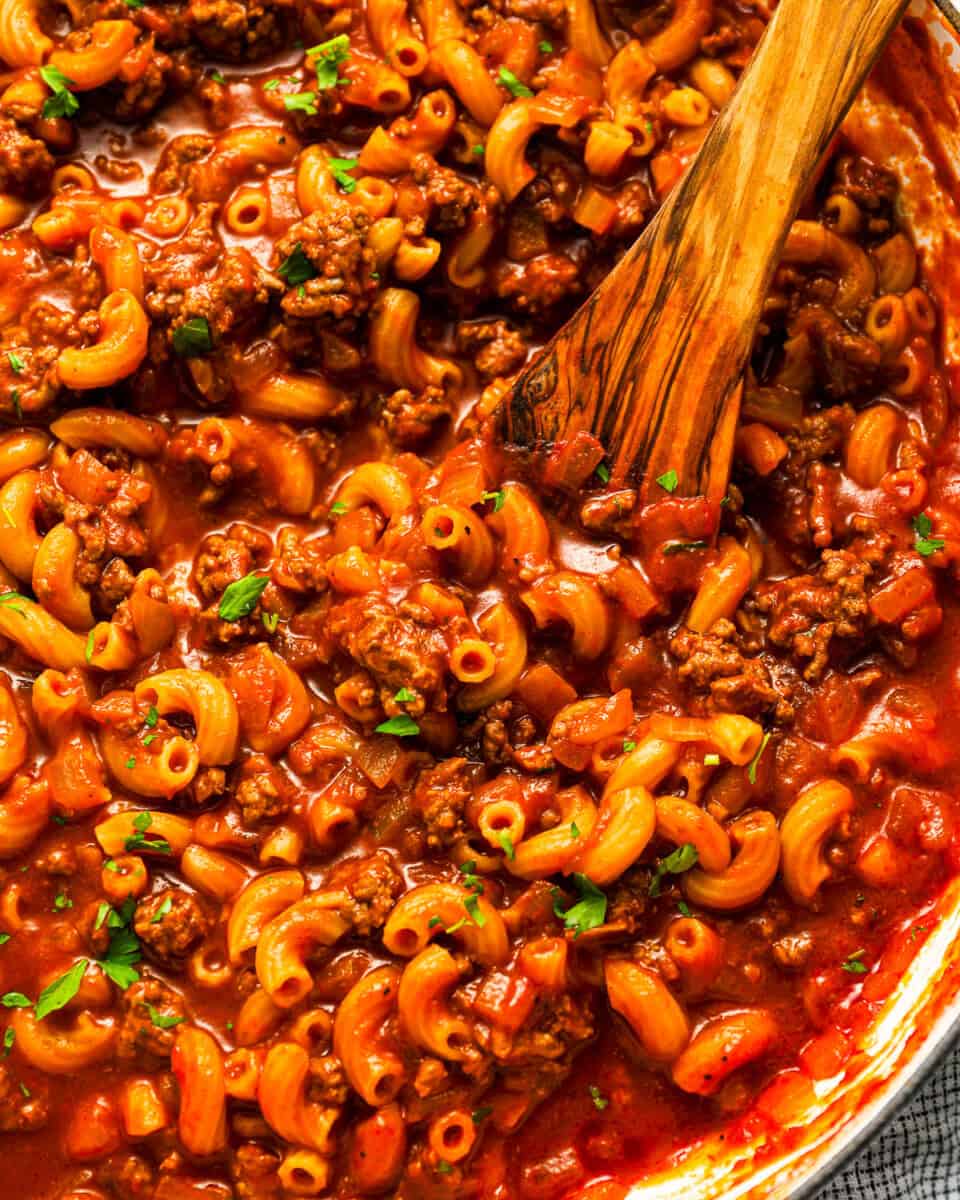 Macaroni noodles and ground beef in a hearty tomato sauce.