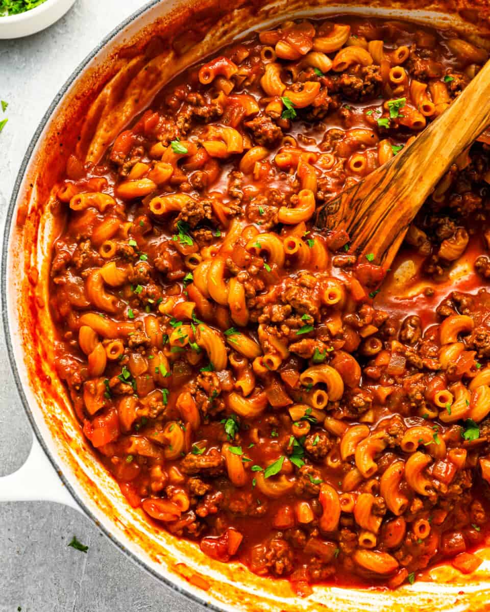 A pot of homemade beefaroni.