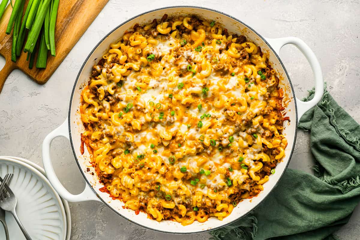 Overhead view of a pot of cheeseburger macaroni casserole.