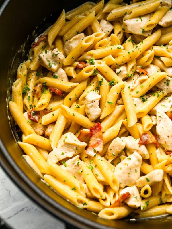 Chicken bacon ranch pasta in a Dutch oven.