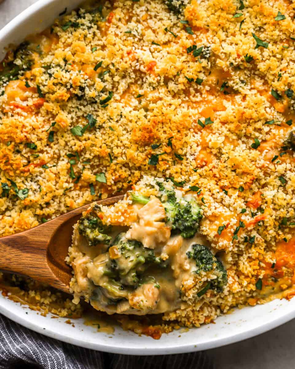 chicken divan with broccoli in a casserole dish.