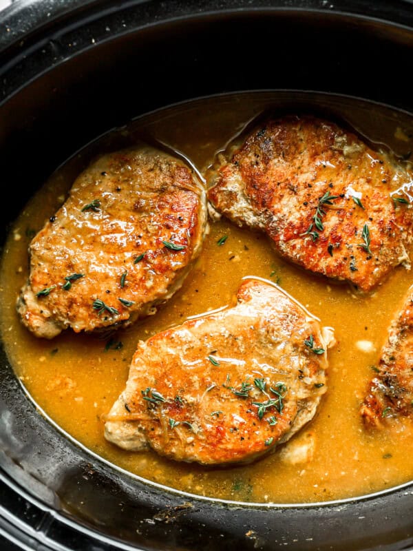 pork chops in gravy in a slow cooker.